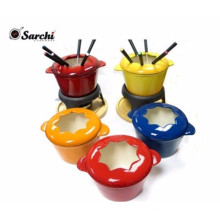 Enamel cast iron cheese fondue set with forks